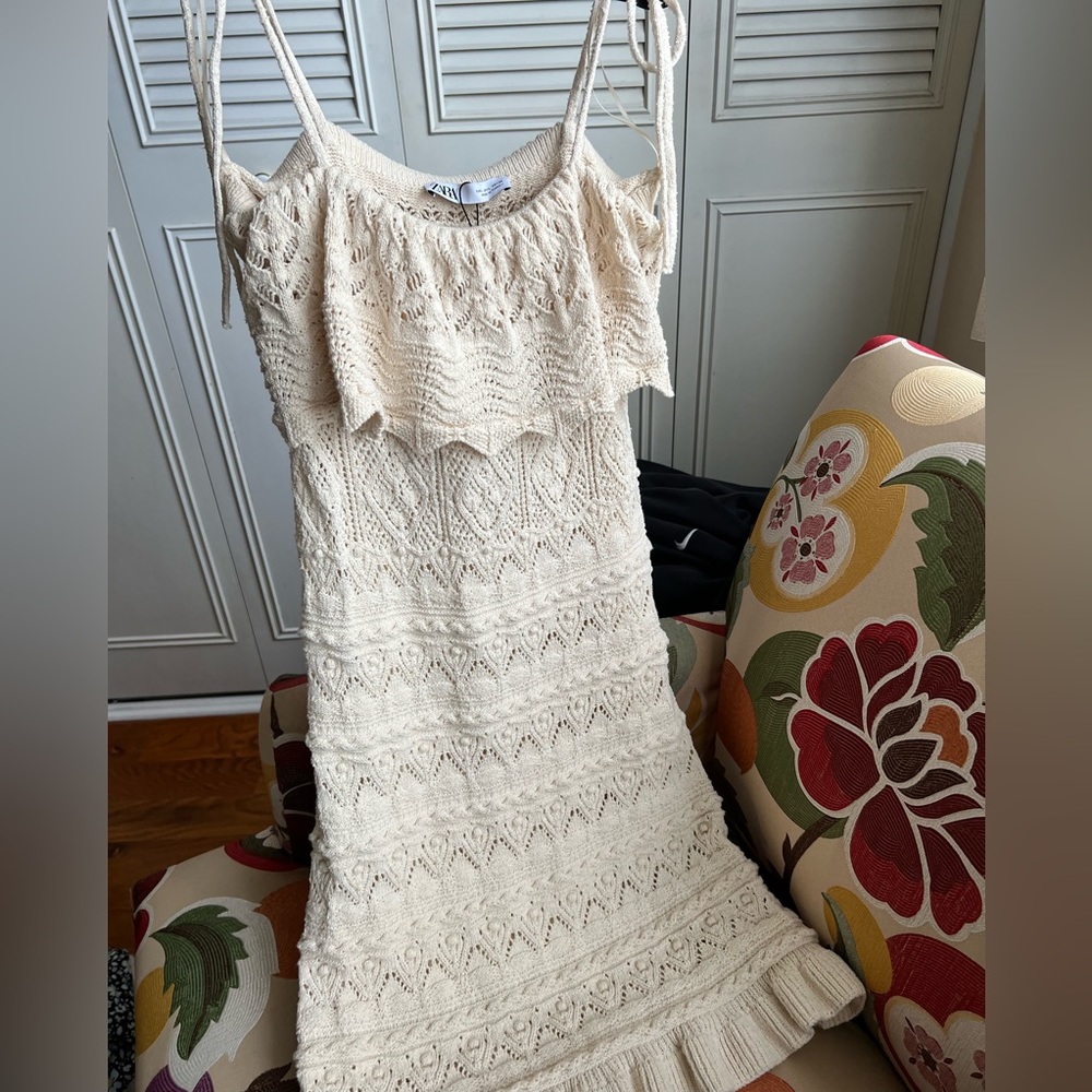 Zara Crocheted Knit Mini Dress with Strappy Sleeves